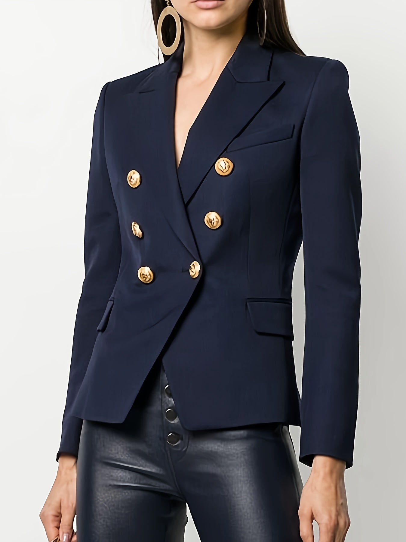 Women's Stylish Double-Breasted Blazer - Slim Fit Casual Jacket with Golden Accents, Black Polyester, Long Sleeve, Perfect for Spring & Fall, Fall Jacket | Elegant Casualwear | Sophisticated Tailoring, Cute Jacket